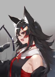 Rule 34 | 1girl, :d, absurdres, animal ear fluff, animal ears, black hair, black shirt, breasts, brown eyes, choker, commentary, detached sleeves, eyelashes, fang, glint, grey background, hair between eyes, hair ornament, highres, hololive, long hair, looking at viewer, medium breasts, microphone, multicolored hair, ookami mio, ookami mio (1st costume), open mouth, red choker, red hair, red neckwear, sailor collar, shirt, sideboob, simple background, smile, solo, streaked hair, two-tone hair, upper body, virtual youtuber, wolf ears, yakihoko