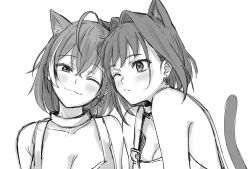 Rule 34 | 2girls, ahoge, animal ears, blush, bow, bow earrings, breasts, cat ears, cat tail, cleavage, closed mouth, earrings, greyscale, hair intakes, hololive, hololive english, jewelry, kisuu (oddnumberr ), monochrome, multiple girls, nanashi mumei, one eye closed, ouro kronii, short hair, split mouth, tail, upper body, virtual youtuber, yuri