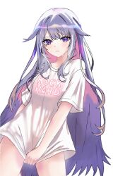 Rule 34 | 1girl, absurdres, breasts, closed mouth, clothes writing, colored inner hair, eyelashes, grey hair, highres, hololive, hololive english, jewel under eye, koseki bijou, long hair, multicolored hair, napat, no pants, pink hair, purple hair, shirt, small breasts, solo, sweat, virtual youtuber, white shirt