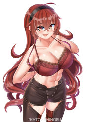 Rule 34 | 1girl, abs, belt, bra, breasts, cleavage, eris greyrat, fang, headband, highres, katou shinobu, large breasts, lingerie, long hair, looking at viewer, mushoku tensei, navel, red bra, red eyes, red hair, short shorts, shorts, smile, solo, thick thighs, thighhighs, thighs, toned, toned female, underwear, undressing, very long hair, wavy hair, wide hips