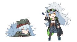 Rule 34 | 2girls, = =, aek-999 (girls&#039; frontline), big hair, black coat, blue footwear, blue hair, blue skirt, boots, chibi, coat, d:, closed eyes, g11 (girls&#039; frontline), ganesagi, girls&#039; frontline, goggles, goggles on head, grey legwear, hand up, hat, long hair, long sleeves, multiple girls, open clothes, open coat, open mouth, pantyhose, plaid, pleated skirt, pouch, simple background, skirt, sleeping, squiggle, standing, sweatdrop, white background, yellow eyes
