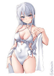 Rule 34 | 1girl, alternate costume, anchor, anchor ornament, blush, breasts, casual one-piece swimsuit, choker, cosplay, covered navel, cowboy shot, cropped legs, ebifurya, frilled one-piece swimsuit, frilled swimsuit, frills, fuyutsuki (kancolle), grey eyes, grey hair, hair between eyes, hairband, headband, highleg, highleg swimsuit, highres, kantai collection, lips, long hair, looking at viewer, medium breasts, one-hour drawing challenge, one-piece swimsuit, sagiri (kancolle), sagiri (kancolle) (cosplay), shawl, side-tie swimsuit, simple background, smile, solo, swimsuit, thighs, twitter username, white background, white choker, white headband, white one-piece swimsuit, white shawl
