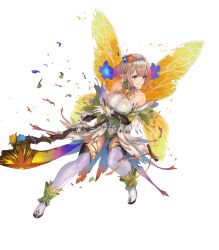 Rule 34 | 1girl, attack, axe, boots, breasts, butterfly wings, clenched teeth, damaged, detached sleeves, dress, fairy, fairy wings, female focus, fire emblem, fire emblem heroes, flower, hair flower, hair ornament, highres, holding, holding axe, holding weapon, insect wings, knee up, medium breasts, nintendo, non-web source, official alternate costume, official art, open mouth, peony (cherished dream) (fire emblem), peony (fire emblem), plant hair, pointy ears, sideboob, skindentation, solo, teeth, thigh boots, thighhighs, thighs, torn clothes, torn wings, upper teeth only, v-shaped eyebrows, weapon, white thighhighs, wings, yellow dress