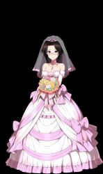 Rule 34 | 1girl, bare shoulders, black background, black eyes, black hair, bouquet, bow, breasts, bridal gauntlets, bride, dress, dress bow, elbow gloves, farne (sennen sensou aigis), flower, full body, gem, glasses, gloves, highres, holding, holding bouquet, jewelry, large breasts, looking at viewer, necklace, official art, pink bow, sennen sensou aigis, short hair, sidelocks, simple background, smile, solo, veil, wedding dress, white-framed eyewear, white dress