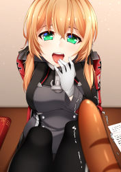 Rule 34 | 10s, 1girl, absurdres, anchor hair ornament, black pantyhose, blonde hair, blue eyes, blurry, book, breasts, cross, depth of field, food, gloves, green eyes, hair ornament, hat, healther, highres, iron cross, kantai collection, large breasts, long hair, long sleeves, looking at viewer, low twintails, microskirt, military, military uniform, no headwear, no headwear, open mouth, pantyhose, peaked cap, prinz eugen (kancolle), sausage, sexually suggestive, skirt, solo, tongue, twintails, uniform, white gloves