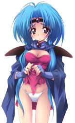 Rule 34 | 1990s (style), 1girl, blue eyes, blue hair, blush, breasts, cape, circlet, cleavage, clothes lift, embarrassed, fingerless gloves, gloves, haou taikei ryuu knight, long hair, matching hair/eyes, paffy pafuricia, panties, retro artstyle, skirt, skirt lift, solo, underwear, upskirt