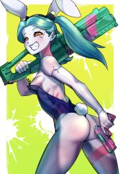 Rule 34 | 1girl, animal ears, artist request, ass, black leotard, breasts, cyberpunk (series), cyberpunk edgerunners, fake animal ears, fake tail, green hair, grin, gun, highres, holding, holding gun, holding weapon, leotard, medium breasts, naughty face, playboy bunny, rabbit ears, rabbit tail, rebecca (cyberpunk), shiny skin, smile, solo, tail, tattoo, twintails, weapon, wide hips