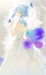 Rule 34 | 1girl, absurdres, alternate costume, alternate hairstyle, back, balloon, blue butterfly, blue hair, bridal veil, bride, bug, butterfly, butterfly on hand, butterfly on head, cowboy shot, dress, earrings, eula (genshin impact), flower, from behind, genshin impact, hair flower, hair ornament, hairband, hand up, highres, holding, holding balloon, indoors, insect, jewelry, looking at viewer, looking back, medium hair, open mouth, sidelocks, solo, strapless, strapless dress, updo, veil, wand8243, wedding, wedding dress, white dress, white hairband, white veil, yellow eyes
