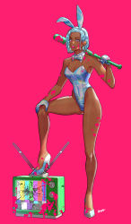 Rule 34 | 1girl, alt text, animal ears, bare arms, bare legs, bare shoulders, baseball bat, blood, blood on clothes, blood on face, bow, bowtie, breasts, cleavage, covered navel, dark-skinned female, dark skin, detached collar, earrings, fake animal ears, fangs, full body, gloves, grey bow, grey bowtie, grey leotard, half gloves, high heels, highleg, highleg leotard, highres, hoop earrings, jewelry, leotard, looking at viewer, medium breasts, neck, okada (hoooojicha), open mouth, original, pink background, playboy bunny, red background, red eyes, short hair, silver bow, silver bowtie, silver hair, silver leotard, simple background, solo, strapless, strapless leotard, television, white footwear, white gloves