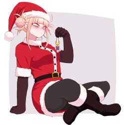 Rule 34 | 1girl, all might, arm support, belt, black belt, black footwear, black gloves, black pantyhose, blonde hair, blunt bangs, blush, boku no hero academia, boots, breasts, christmas, commentary request, double bun, dress shirt, dress short, elbow gloves, full body, fur-trimmed headwear, fur boots, fur trim, gloves, grey background, hair bun, hand up, hat, highres, large breasts, okumari, pantyhose, red hat, red shirt, red skirt, santa costume, santa hat, shirt, short hair, short sleeves, simple background, sitting, skirt, solo, toga himiko, white background, yellow eyes