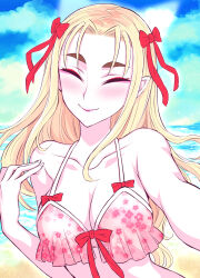 1girl absurdres bikini blonde_hair blush bow bow_bikini breasts closed_eyes collarbone commentary hair_bow highres large_breasts long_hair looking_at_viewer ocean original pointy_ears red_ribbon ribbon solo swimsuit tatsubon thick_eyebrows