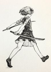 Rule 34 | 1girl, arms behind back, dual wielding, from side, full body, greyscale, highres, holding, holding sword, holding weapon, konpaku youmu, mashimashi, monochrome, pleated skirt, shoes, short hair, short sleeves, skirt, solo, sword, touhou, traditional media, walking, weapon