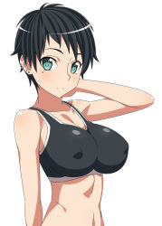 Rule 34 | 1girl, arm at side, arm behind head, arm up, bare shoulders, black bra, black hair, blush, bra, breasts, cleavage, closed mouth, collarbone, ear piercing, earrings, covered erect nipples, green eyes, itawa sa, jewelry, large breasts, looking at viewer, mole, mole under eye, navel, original, piercing, short hair, simple background, solo, sports bra, stomach, underwear, upper body, white background