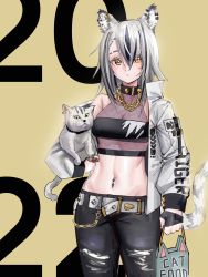 Rule 34 | 1girl, 2022, animal, animal ears, bag, belt, black collar, black gloves, black hair, black tube top, bodysuit, breasts, cat, chain, chain necklace, cleavage, closed mouth, collar, collarbone, commentary, cowboy shot, denim, ear piercing, fingerless gloves, fishnet bodysuit, fishnets, gloves, gold chain, hair between eyes, highres, holding, holding animal, holding bag, holding cat, jacket, jeans, jewelry, jsiwji, long hair, long sleeves, looking at viewer, medium breasts, midriff, multicolored hair, navel, navel piercing, necklace, off shoulder, open clothes, open jacket, original, pants, piercing, sidelocks, silver hair, single bare shoulder, single fingerless glove, standing, strapless, streaked hair, tail, tiger ears, tiger girl, tiger tail, torn clothes, torn pants, tube top, two-tone hair, white belt, white jacket, yellow background, yellow eyes