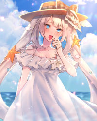 Rule 34 | 1girl, :d, blue eyes, blush, bow, cloud, day, dress, fate/grand order, fate (series), hat, hat bow, highres, long hair, looking at viewer, marie antoinette (fate), marie antoinette (fate/grand order), marie antoinette (swimsuit caster) (fate), marie antoinette (swimsuit caster) (second ascension) (fate), moe (hamhamham), open mouth, outdoors, plaid, plaid ribbon, ribbon, shell hair ornament, silver hair, smile, solo, starfish hair ornament, twintails, white dress, yellow hat