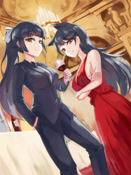 Rule 34 | 2girls, alcohol, alternate costume, animal ears, arm up, atago (azur lane), azur lane, bare arms, bare shoulders, black hair, black neckwear, black pants, black shirt, blurry, bow, bowtie, breasts, brown eyes, chandelier, cleavage, contrapposto, cowboy shot, cropped legs, crossdressing, crossed arms, cup, depth of field, dress, drinking glass, dutch angle, gan-viking, hand in pocket, highres, indoors, long hair, looking at viewer, medium breasts, multiple girls, pants, ponytail, red dress, shirt, sideboob, sleeveless, sleeveless dress, smile, standing, statue, table, tablecloth, takao (azur lane), untucked shirt, wine, wine glass