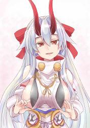 Rule 34 | 1girl, absurdres, areola slip, bow, breasts, fate/grand order, fate (series), hair bow, highres, horns, large breasts, long hair, looking at viewer, oni horns, red bow, red eyes, silver hair, solo, togin, tomoe gozen (fate), very long hair