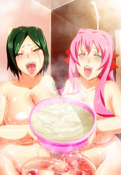 Rule 34 | 2futa, blush, bowl, breasts, cum, cum in container, curvy, foreskin, futa with futa, futanari, green eyes, green hair, heart, heart-shaped pupils, highres, holding, holding bowl, huge breasts, long hair, looking at viewer, multiple futa, naughty face, nude, open mouth, original, penis, penises touching, phimosis, pink hair, scar, scar across eye, scar on face, short hair, smile, sweat, symbol-shaped pupils, taroro, tattoo, third-party edit, uncensored, wide hips