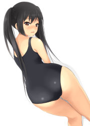 Rule 34 | 1girl, ass, bad id, bad pixiv id, black hair, brown eyes, dutch angle, highres, k-on!, long hair, looking back, nakano azusa, one-piece swimsuit, school swimsuit, serizawa (serizawaroom), solo, swimsuit, twintails, wavy mouth