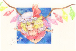 Rule 34 | blonde hair, blue background, breasts, cleavage, collarbone, crystal, dated, feet out of frame, flandre scarlet, flying, frilled skirt, frilled sleeves, frills, hat, hat ribbon, highres, looking at viewer, medium hair, mob cap, multicolored wings, orange eyes, puffy short sleeves, puffy sleeves, red ribbon, red skirt, ribbon, shin1ar24, short sleeves, simple background, skirt, small breasts, touhou, traditional media, watercolor pencil (medium), white hat, wings