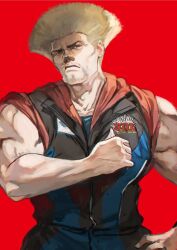 Rule 34 | 1boy, black pants, black shirt, blonde hair, blue pants, blue shirt, closed mouth, facial hair, guile, highres, large pectorals, looking at viewer, male focus, muscular, muscular male, otsudou, pants, pectorals, red background, red shirt, shirt, short hair, simple background, solo, street fighter, street fighter 6, two-tone pants, two-tone shirt