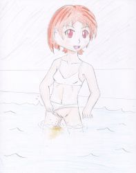Rule 34 | 1girl, bikini, bikini bottom aside, blush, breasts, clothing aside, collarbone, fangs, highres, looking at viewer, navel, nikki (omocommando), omocommando, open mouth, partially submerged, peeing, pool, pussy, red eyes, red hair, short hair, small breasts, smile, standing, swimsuit, uncensored, vampire, wading, water, white bikini