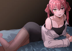 Rule 34 | 1girl, absurdres, alternate costume, black camisole, black skirt, blush, breasts, brown background, brown pantyhose, camisole, cleavage, commentary, crossed bangs, feet out of frame, hair between eyes, hair ribbon, heterochromia, highres, hololive, houshou marine, jangmaseason, long hair, long sleeves, looking at viewer, lying, medium breasts, miniskirt, off shoulder, office lady, on bed, on side, open clothes, open mouth, open shirt, pantyhose, pencil skirt, red eyes, red hair, red ribbon, ribbon, shirt, skirt, smile, solo, twintails, virtual youtuber, white shirt, yellow eyes