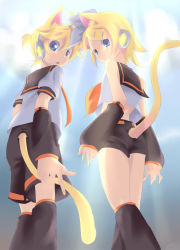 Rule 34 | 1boy, 1girl, animal ears, bad id, bad pixiv id, blonde hair, blue eyes, brother and sister, cat ears, cat tail, hair ornament, hairclip, kagamine len, kagamine rin, looking back, maruki (punchiki), short hair, siblings, tail, twins, vocaloid