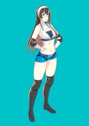 Rule 34 | 1girl, alternate costume, black hair, black legwear, blue shorts, boots, breasts, commentary request, elbow pads, glasses, green eyes, hairband, hands on own hips, highres, kantai collection, knee pads, long hair, looking at viewer, midriff, navel, ooyodo (kancolle), semi-rimless eyewear, short shorts, shorts, small breasts, smile, solo, sports bra, standing, under-rim eyewear, wrestler, yuuji (and)
