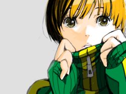 Rule 34 | 1girl, atlus, bad drawr id, bad id, blonde hair, brown eyes, brown hair, drawer, jacket, magomago, making-of available, persona, persona 4, portrait, satonaka chie, short hair, solo, track jacket, zipper