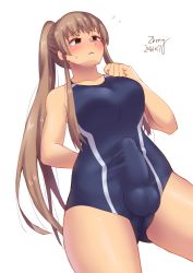 Rule 34 | 10s, 1girl, 2016, aoba kazane, blush, breasts, brown eyes, brown hair, bulge, cameltoe, competition swimsuit, cowboy shot, dated, erection, erection under clothes, flying sweatdrops, full-package futanari, futanari, keijo!!!!!!!!, long hair, matching hair/eyes, medium breasts, one-piece swimsuit, penis, ponytail, simple background, solo, standing, swimsuit, very long hair, white background, zheng
