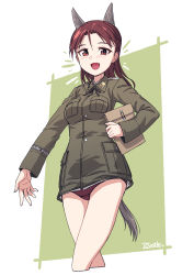 Rule 34 | 1girl, absurdres, dietlinde eckhart, dragoncastle, green background, highres, holding, looking at viewer, military, military uniform, minna-dietlinde wilcke, open mouth, orange eyes, panties, red hair, solo, standing, strike witches, underwear, uniform, white background, world witches series