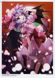 Rule 34 | 1girl, absurdres, an2a, bat wings, blood, dress, fang, frilled skirt, frills, hat, hat ribbon, highres, long skirt, looking at viewer, mob cap, moon, open mouth, pink dress, puffy sleeves, red eyes, remilia scarlet, ribbon, scan, shoes, short hair, short sleeves, skirt, socks, solo, tongue, tongue out, touhou, white socks, wings