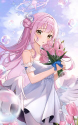 Rule 34 | 1girl, angel wings, blue archive, blue sky, blunt bangs, blurry, bouquet, cloud, cloudy sky, collarbone, commentary request, depth of field, dress, feathered wings, field, flower, flower field, hair bun, hair flower, hair ornament, hair scrunchie, halo, highres, holding, holding bouquet, long hair, looking at viewer, mika (blue archive), one side up, parted lips, pink flower, pink hair, pink tulip, pora 0918, scrunchie, sidelocks, single side bun, sky, soap bubbles, solo, spaghetti strap, tulip, white dress, white wings, wings