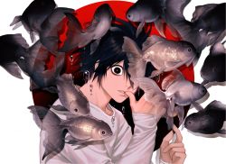Rule 34 | 1boy, air bubble, animal, bags under eyes, biting, biting own thumb, black hair, bubble, circle, death note, fish, from side, goldfish, hands up, highres, huli xiaobai, index finger raised, l (death note), long sleeves, looking at viewer, looking to the side, male focus, one eye covered, partially colored, school of fish, shirt, short hair, sleeves past wrists, submerged, biting own thumb, underwater, upper body, white background, white shirt