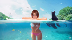 Rule 34 | 1girl, bare arms, bare shoulders, beach, bikini, bird, black cat, blue eyes, bracelet, breasts, brown hair, cat, cloud, day, fish, grey eyes, hair over one eye, jewelry, leaning on object, lips, long hair, looking at viewer, navel, ocean, one eye closed, original, partially underwater shot, ross tran, sky, small breasts, smile, standing, surfboard, swimsuit, tropical, tropical fish, underwater, upper body, water