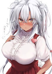 Rule 34 | 1girl, :o, absurdres, alternate costume, anna miller, black nails, blush, breasts, brown eyes, collared shirt, commentary request, dark-skinned female, dark skin, dated, gradient nails, grey hair, hair between eyes, hand on own chest, heart, highres, kantai collection, large breasts, long hair, mashiro yukiya, musashi (kancolle), musashi kai ni (kancolle), nail polish, one-hour drawing challenge, pointy hair, puffy sleeves, rectangular eyewear, red skirt, rimless eyewear, semi-rimless eyewear, shirt, short sleeves, signature, simple background, skirt, solo, suspender skirt, suspenders, translated, twintails, two side up, upper body, very long hair, waitress, white background, white shirt