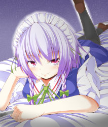 Rule 34 | 1girl, ass, bed, blush, breasts, highres, izayoi sakuya, pink eyes, purple hair, ribbon, roro (sghona10), shoes, smile, tagme, touhou