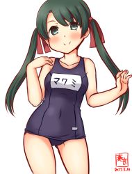 Rule 34 | 1girl, alternate costume, artist logo, black hair, blue one-piece swimsuit, breasts, collarbone, commentary request, contrapposto, covered navel, cowboy shot, dated, gluteal fold, green eyes, hair ribbon, kanon (kurogane knights), kantai collection, long hair, looking at viewer, mikuma (kancolle), old school swimsuit, one-hour drawing challenge, one-piece swimsuit, ribbon, school swimsuit, simple background, small breasts, smile, solo, standing, swimsuit, twintails, white background