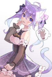Rule 34 | 1girl, absurdres, ahoge, animal ear fluff, animal ears, aotake iro, black bow, blue eyes, blue hair, bodice, bow, cat ears, cat girl, cat tail, clenched hand, colored inner hair, detached sleeves, disembodied hand, hair bow, highres, kemonomimi mode, looking at viewer, multicolored hair, nijisanji, nijisanji kr, nun bora, nun bora (3rd costume), open hand, purple bow, purple hair, purple skirt, skirt, solo focus, tail, twintails, virtual youtuber