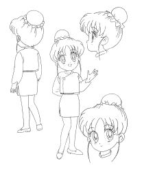 Rule 34 | 1990s (style), 1girl, bishoujo senshi sailor moon, bishoujo senshi sailor moon r, character sheet, child, closed mouth, full body, hair bun, looking at viewer, momohara momo, monochrome, official art, retro artstyle, short hair, smile, solo, standing, toei animation, white background