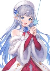 Rule 34 | 1girl, :d, bare shoulders, beret, blue eyes, blue hair, blunt bangs, blush, commentary request, cowboy shot, crystal hair ornament, detached sleeves, dress, fur trim, gradient hair, granblue fantasy, hat, highres, holding, holding wand, lily (granblue fantasy), long hair, looking at viewer, multicolored hair, open mouth, pointy ears, silver hair, simple background, smile, snowflakes, solo, standing, teeth, tokki, upper teeth only, very long hair, wand, white background, white dress, white hat, wide sleeves