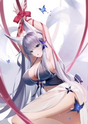 Rule 34 | 1girl, animal ear fluff, animal ears, armpits, arms up, ass, azur lane, bare shoulders, blue butterfly, blue dress, blue eyes, bound, bound wrists, breasts, bug, butterfly, center opening, dress, evening gown, fox ears, fox girl, halter dress, halterneck, highres, huge breasts, insect, kitsune, kyuubi, large tail, long hair, looking at viewer, multiple tails, official alternate costume, panties, purple eyes, red ribbon, ribbon, shinano (azur lane), shinano (dreams of the hazy moon) (azur lane), tail, tsuru ai momono, underwear, very long hair, white panties, white tail
