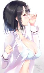 Rule 34 | 10s, 1girl, adjusting eyewear, alternate costume, bespectacled, black hair, bra, breasts, female focus, glasses, hayakawa akari, huge breasts, kantai collection, large breasts, looking to the side, red eyes, see-through, short hair, solo, takao (kancolle), underwear
