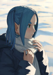 Rule 34 | 1girl, absurdres, alternate costume, aqua hair, blue coat, closed mouth, coat, day, expressionless, green eyes, hands up, highres, medium hair, monogatari (series), nemo ringo, ononoki yotsugi, outdoors, pointy ears, scarf, short twintails, snow, solo, thick eyebrows, twintails, upper body, winter clothes