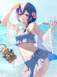 Rule 34 | 1girl, absurdres, arm up, bare shoulders, bikini, bikini skirt, blue bikini, blue hair, blurry, blurry background, braid, braided ponytail, breasts, cowboy shot, doll, floral print, flower, hair flower, hair ornament, hand up, highres, idolmaster, idolmaster shiny colors, long hair, looking at viewer, low ponytail, morino rinze, navel, notice lines, outdoors, parted lips, red eyes, shading eyes, shawl, small breasts, solo, standing, swimsuit, water, xiu kukkii