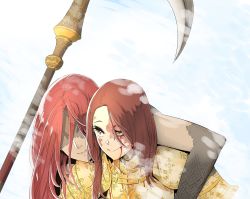 Rule 34 | 2girls, armor, breastplate, cape, carrying, cleanrot knight finlay, closed mouth, elden ring, helmet, highres, long hair, malenia blade of miquella, multiple girls, parted lips, pauldrons, plate armor, red hair, shindol, shoulder armor, simple background, smile, snow, very long hair, weapon, yellow eyes, yuri