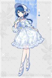 Rule 34 | 1girl, blue eyes, blue flower, blue hair, blue rose, bow, chin strap, closed mouth, commentary, dress, flower, frilled dress, frilled sleeves, frills, gloves, hat, hat bow, hat flower, highres, kiritani haruka, long sleeves, looking at viewer, project sekai, rose, see-through gloves, shoes, smile, solo, waka (wk4444), white bow, white dress, white footwear, white gloves, white hat