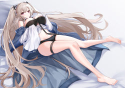 Rule 34 | 1girl, absurdres, anchorage (azur lane), azur lane, bare shoulders, black shorts, blue coat, breasts, cleavage, coat, feet, full body, headgear, highres, large breasts, light brown hair, long hair, long sleeves, looking at viewer, lying, on back, open clothes, open coat, purple eyes, shorts, solo, sorayo noriyuki, twintails, very long hair