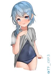Rule 34 | 1girl, absurdres, blue eyes, blue hair, blue one-piece swimsuit, blush, covered navel, fang, grey shirt, highres, kantai collection, long hair, looking at viewer, minazuki (kancolle), no pants, old school swimsuit, one-piece swimsuit, open mouth, school swimsuit, shirt, short hair, short hair with long locks, simple background, smile, solo, swimsuit, swimsuit under clothes, tf cafe, twitter username, white background